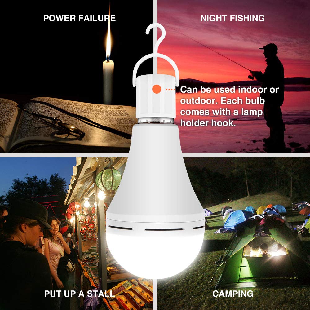 4 Pack Rechargeable Emergency LED Bulb 1200mAh 15W 80W Equivalent 6000K Battery Operated Light Bulb E27 with Hook for Power Outage Camping Tent Hurricane