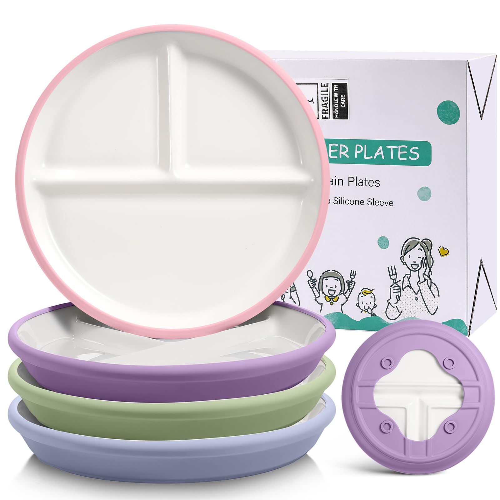Photo 1 of Domensi 4 Pack 8" Large Kids Porcelain Plates with Anti Slip Silicone Sleeves Divided Porcelain Plates Microwave Dishwasher Safe for Toddlers Baby Kids Eating (Macaron Colors)