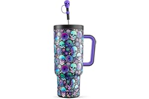 Meoky 40 oz Halloween Tumbler with Handle and Straw, Tumbler with Lid and Straw, Insulated Stainless Steel Travel Mug, 100% Leak-proof, Keeps Cold for 34 Hours or Hot for 10 Hours (Black Skull)