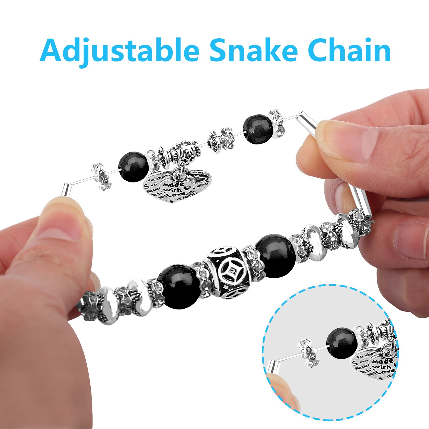 UHIBROS Silver Plated Bangles Snake Chain Pink Crystal Beads Love Heart Beads Glass Charm Bracelet For Women Girl\'s Christmas Birthday Anniversary Valentine\'s day Valentine Gift