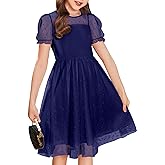 Arshiner Girls Dress Contrast Mesh Puffy Short Sleeve A Line Casual Party Dress 3-12 Years