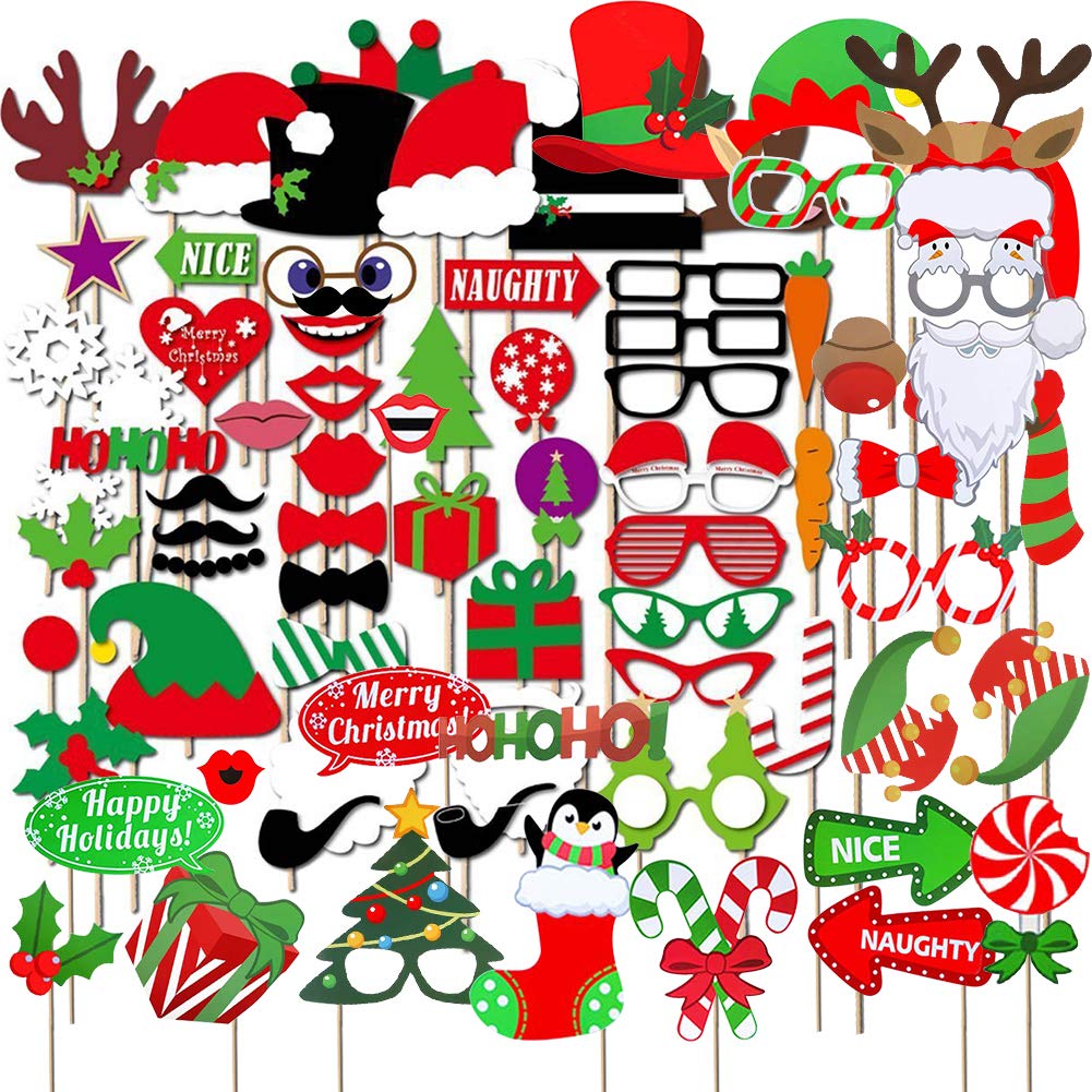 Christmas Photo Booth Props 82pc - Artist Rendered Christmas Games for Party Supplies - Picture Backdrop Decorations Set Favors - Games for Kids & Adults - Holiday Photo Booth Selfie Props