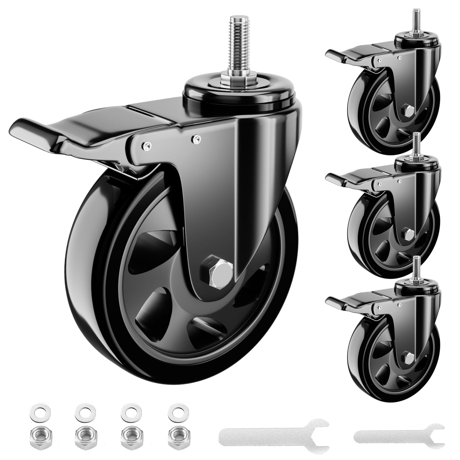 Photo 1 of 4 Inch Stem Caster Wheels, Heavy Duty Threaded Stem Casters UNC 3/8"-16 x 1 Swivel Casters Set of 4 with Safety Dual Locking Wheel for Furniture and Cart