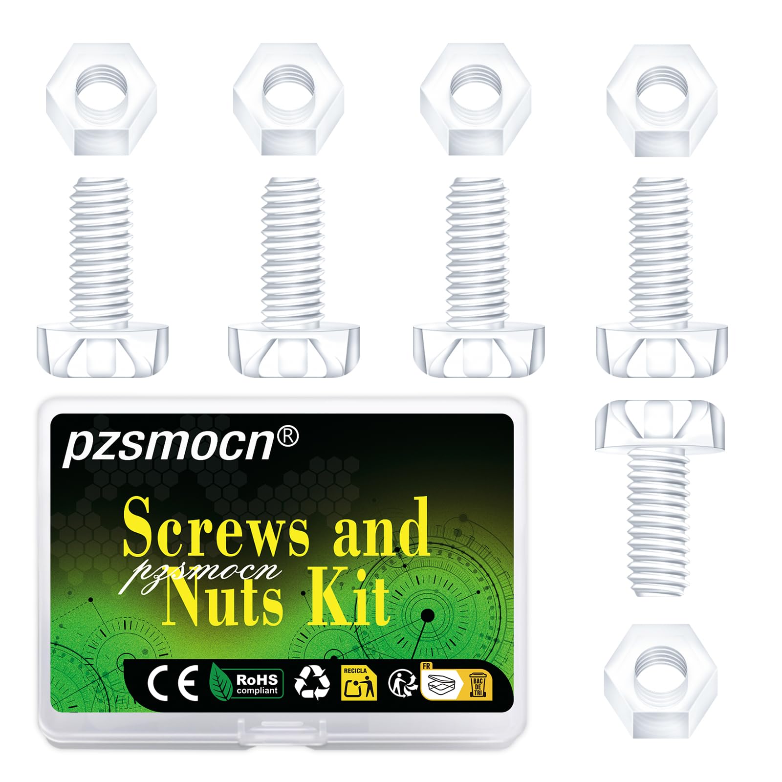 Pzsmocn 200 Pieces/100 Sets M4*16 mm PC Transparent Plastic Cross-recessed Round Head Screws and Hexagonal Nuts Kit, Corrosion-resistant, for DIY, Model and Electronic Product Fixation.