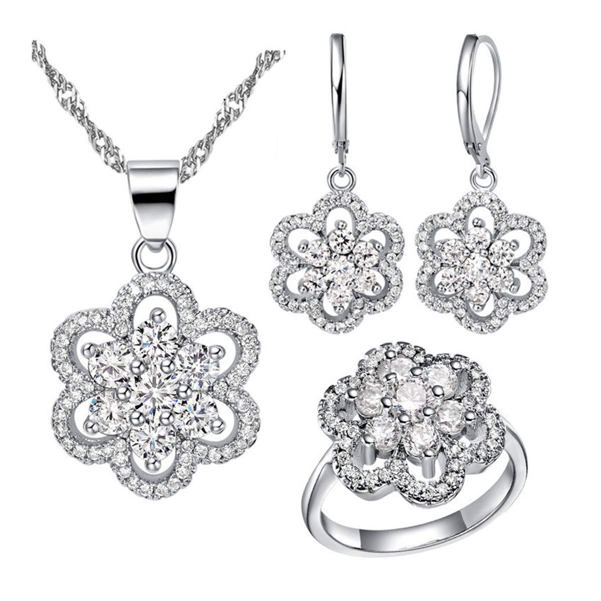 Uloveido Women's Platinum Plated Oval Cut White Cubic Zirconia Pendant Necklace Flower Earrings and Ring Birthstone Jewelry Set T490 (White, Size O)