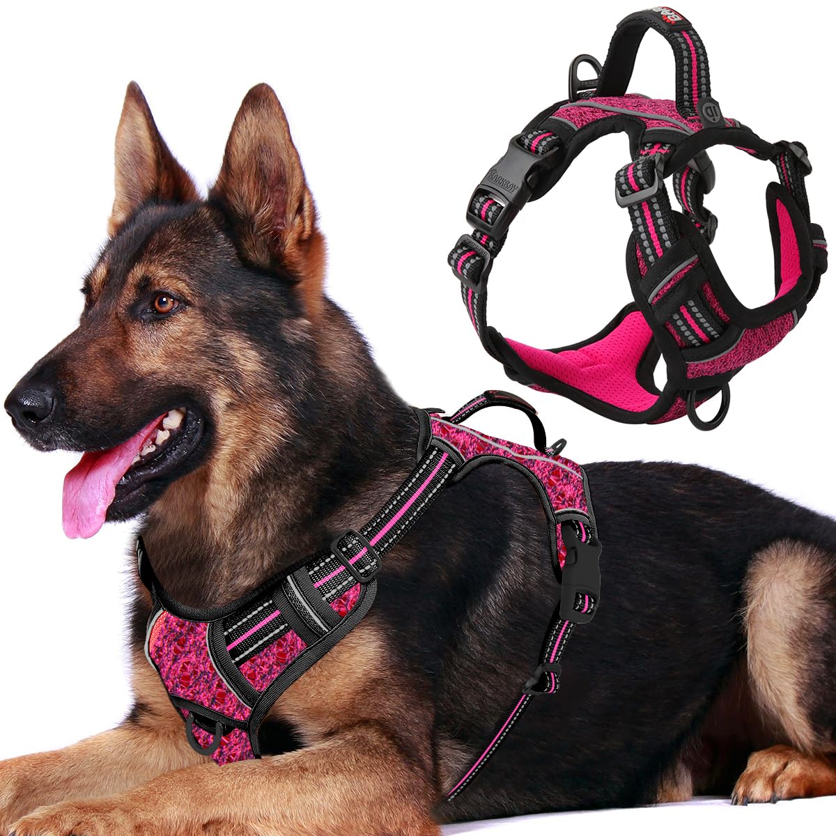 BARKBAY Dog Harness No Pull with ID Tag Pocket - Heavy Duty, Reflective, Easy Control for Large Dogs(Pink/Black,XL)