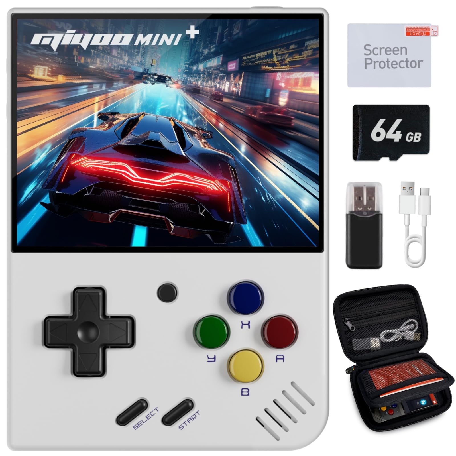 Miyoo Mini Plus Retro Gaming Console, with Dedicated Storage Case, 3.5 Inch IPS 640x480 Screen, 64G TF Card with 10,000+ Games, 3000mAh 9+Hours Battery, Support Wireless Network