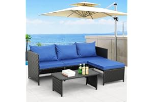 Valita 3-Piece Outdoor PE Rattan Furniture Set Patio Black Wicker Conversation Loveseat Sofa Sectional Couch Royal Blue Cushion