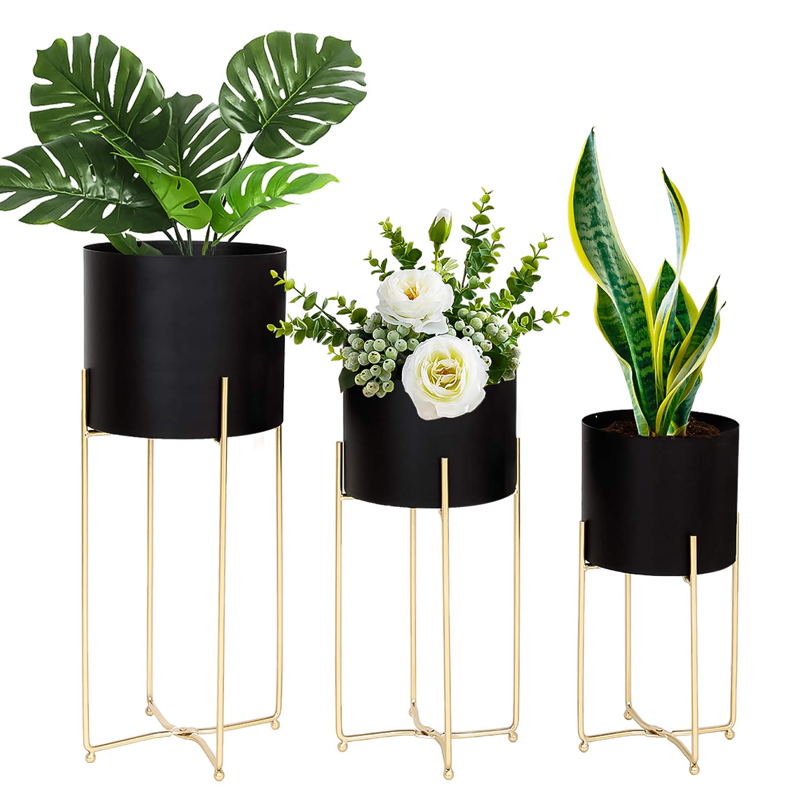 LANPU Modern Planter Stand with Pot, Mid Century Tall Black Planter with Gold Plant Stand, Floor Planter for Indoor Plants (Set of 3)