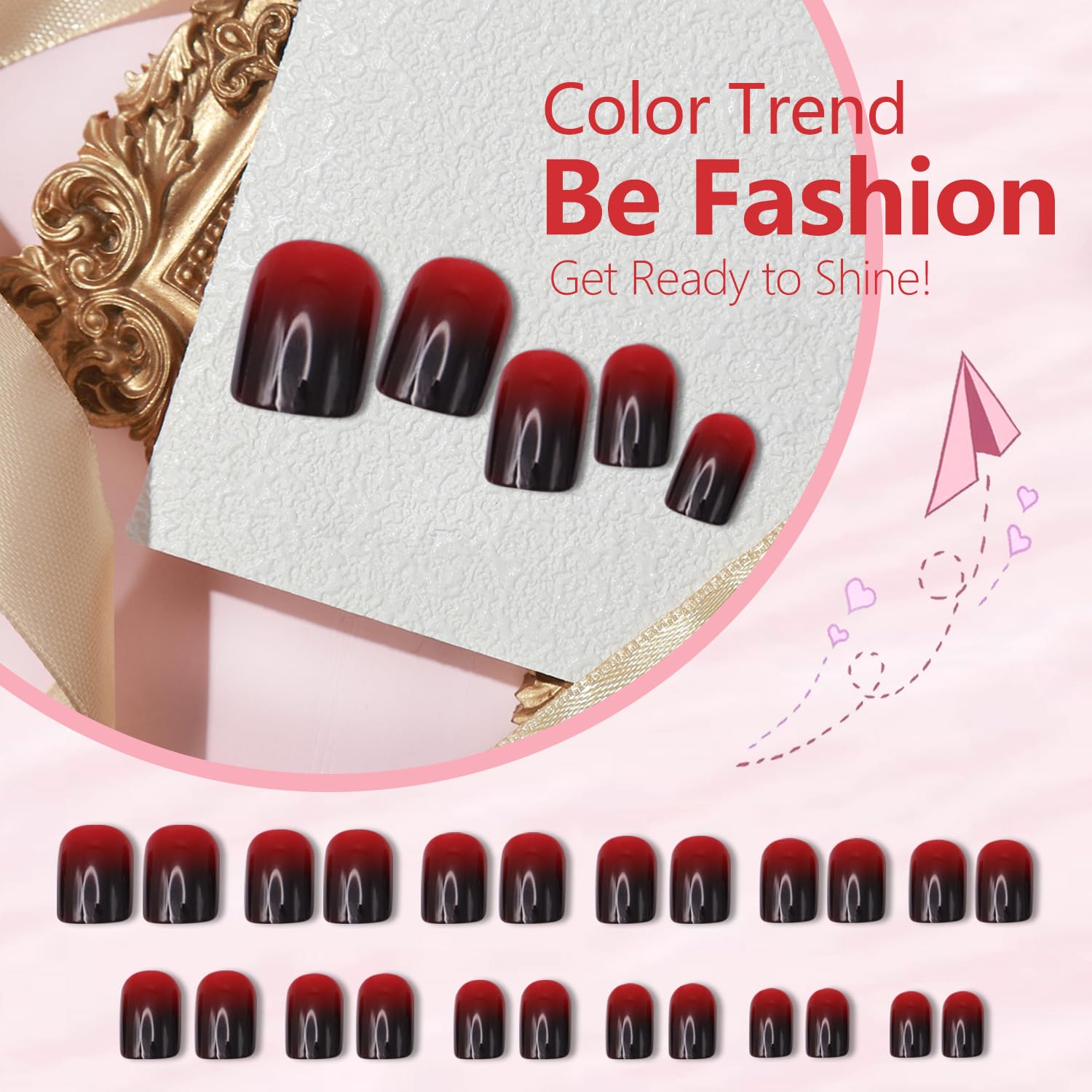 Halloween Red & Black Gradient Press on Nails Short Square Shaped False Nails Designs Glossy Reusable Fake Nails Full Cover Acrylic Nails Halloween Stick on Nails for Women DIY Manicure 24 Pcs - Image 2