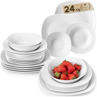 MALACASA Elisa 24-Piece Ivory White Porcelain Dinner Set Service for 6