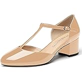 MODENCOCO Women's T Strap Solid Block Round Toe Ankle Strap Buckle Patent Chunky Low Heel Pumps Shoes 2 Inch