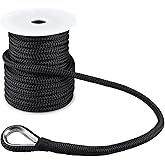 YaeMarine Double Braid Nylon Anchor Line Anchor Rope Marine Rope Black 1/2" x 100 ft with Stainless Steel Thimble