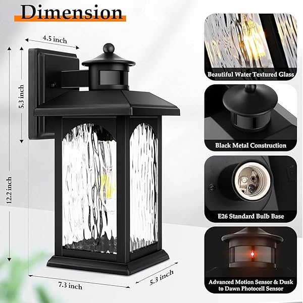2 PACKS MOTION SENSOR OUTDOOR WALL LANTERN, DUSK TO DAWN OUTDOOR LIGHTING, BLACK PORCH LIGHTS FIXTURE & OUTSIDE WALL MOUNT WITH RIPPLED GLASS, EXTERIOR SCONCE LIGHT FOR FRONT PATIO GARAGE ENTRYWAY