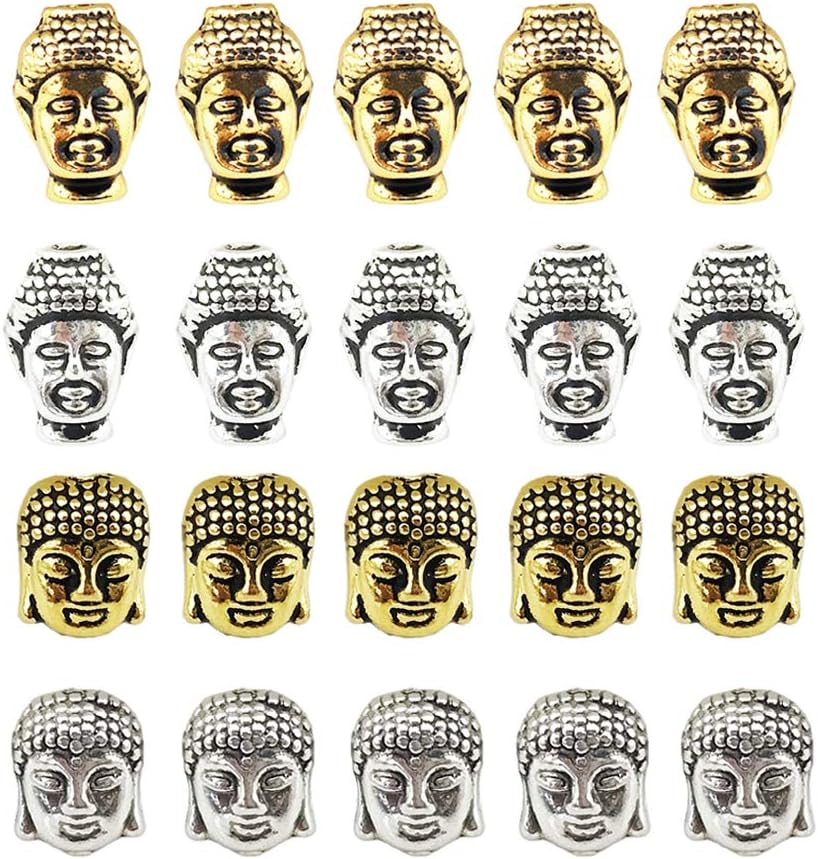 Inspirelle 40PCS Metal Alloy Buddha Head Beads Mix Colors and Designes Spacer for Jewelry Making Bracelet
