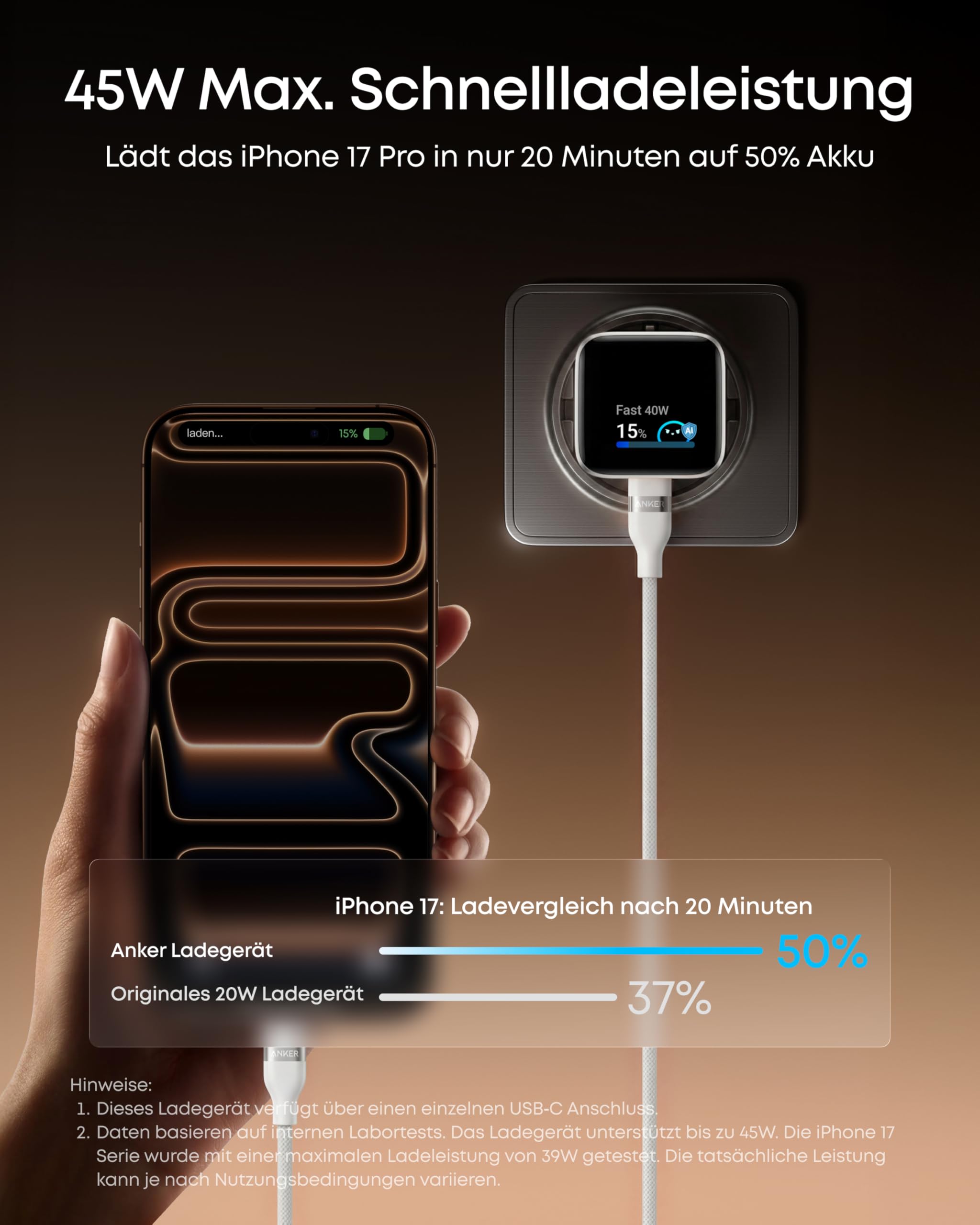 Anker Smart Ladegerät, Anker Nano 45W USB C Ladegerät mit Display und intelligenter Erkennung, integriertem Schonmodus, kompaktes GaN Schnellladegerät für iPhone 17/16/15 Serie, iPad, MacBook 3