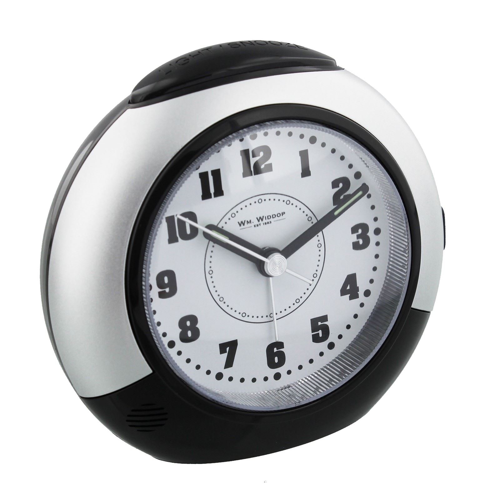 Widdop Bingham Silent Flow Seconds Alarm Clock, Black/Silver, No Ticking, Snooze Function and Light