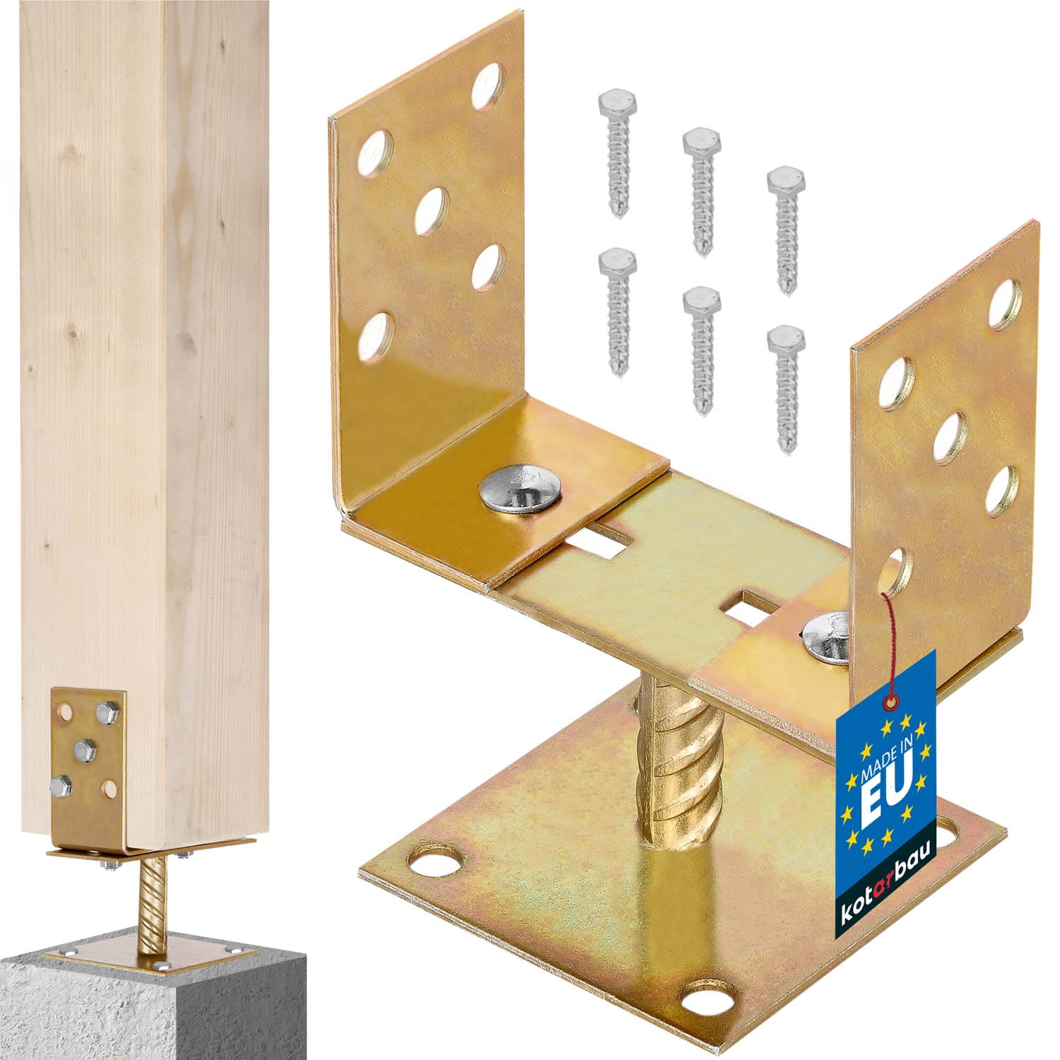 KOTARBAU® Fence Post Support - Post Base - Galvanised Steel - Adjustable 0-160 mm (0-6.3 Inches) - Gold - Heavy Duty Bolt Down for Fence Posts - Timber Beams