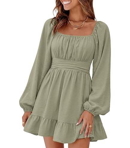 CIDER Mini Dress for Women Long Sleeve V Neck Corset Ruffle A Line Short Dresses with Solid Texture Dark Navy at Amazon Women's Clothing store