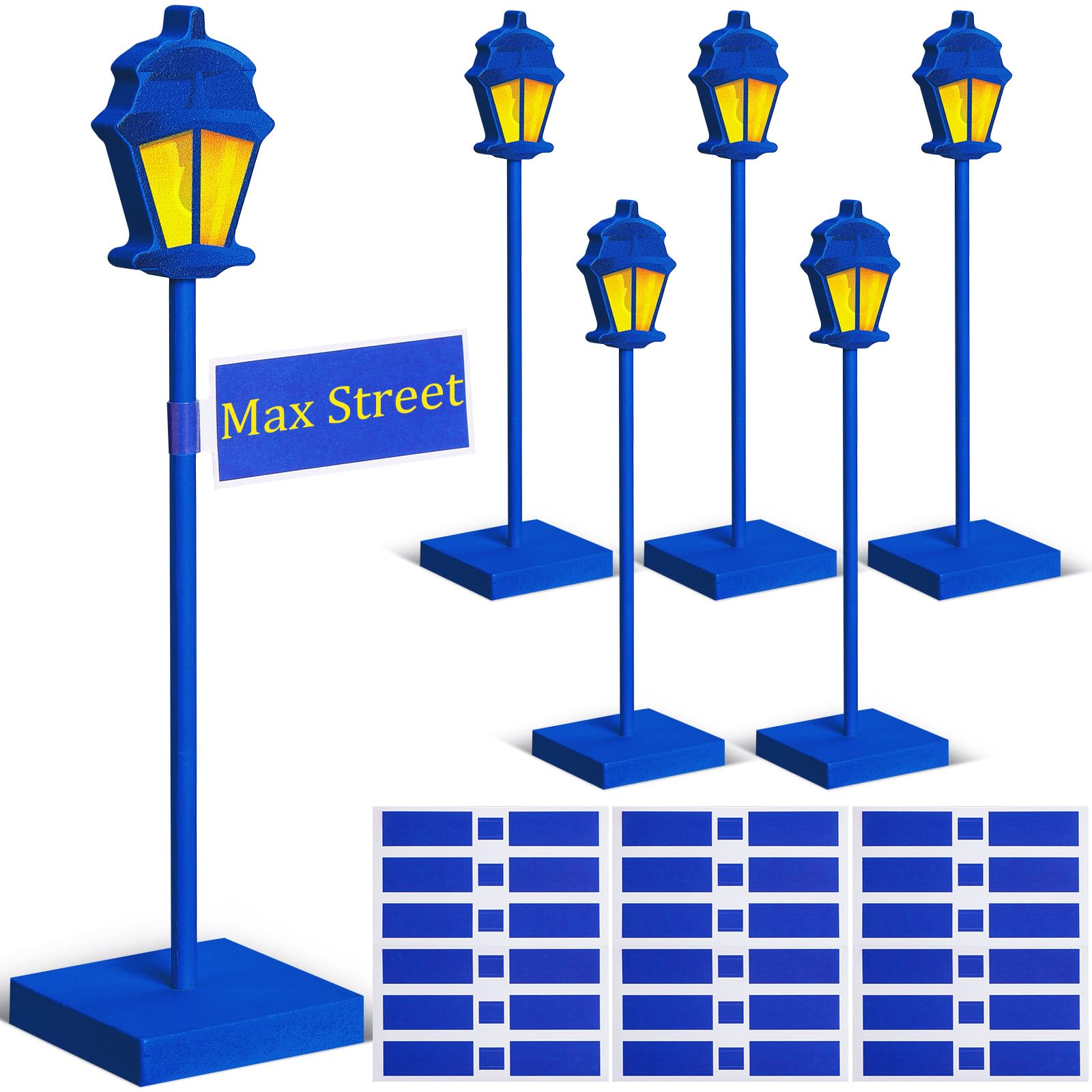 Photo 1 of Colingmill 6 Pcs Street Sign Lamp Post Centerpiece Wooden Lamp Post with Street Party Sign Sticker for Toy Decor Friend Birthday Party Supplies Decoration(Blue)
