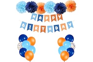 WILETASZ Blue and Orange Happy Birthday Decorations, Blue Orange Party Decorations with Banner Balloons and Pompoms Birthday Décor for Kids Boys Girls