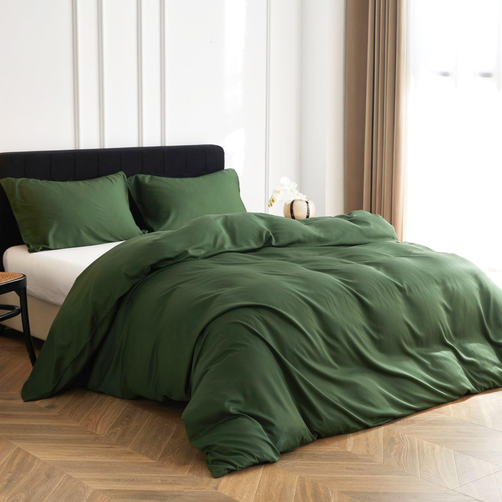 Simple&Opulence Double Bamboo Viscose Duvet Cover Set, Silky and Soft Bedding Luxurious Cooling Bed Sheet Perfect for Skin and Hair with Pillowcases (200×200cm, Dark Green) — image 1