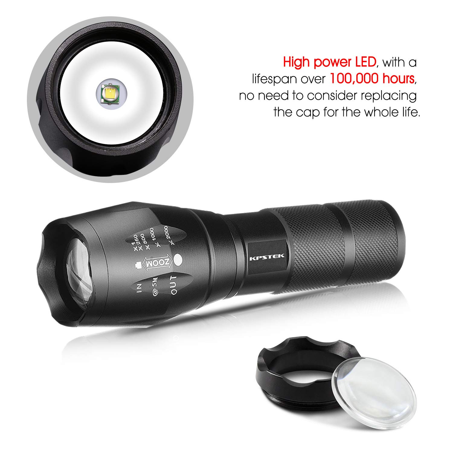 4Pcs Tactical Flashlights, KPSTEK High Lumen XML T6 LED Flashlights Outdoor Portable Water Resistant Tac Light with 5 Modes, Zoom Function, Adjustable Focus (Batteries Included)