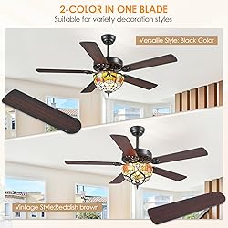 BYKISTOK 52" Tiffany Ceiling Fans with Glass Shade