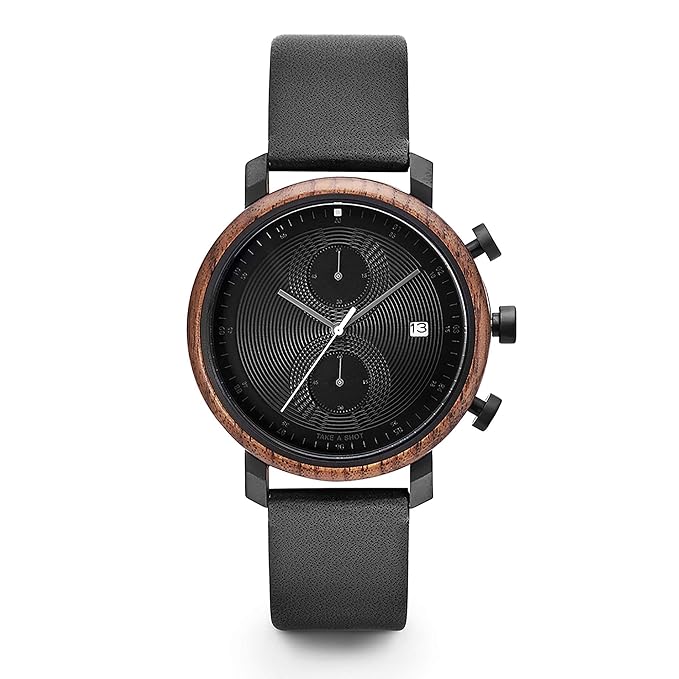 TAKE A SHOT - Chronograph Herrenuhr, Datumsanzeige und Stoppuhr, Walnussholz-Gehäuse, Lederarmband, Ø 43 mm