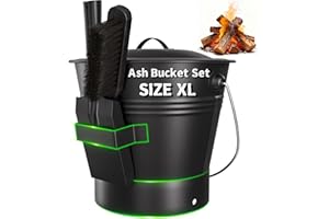 AMAGABELI GARDEN & HOME XL 3-Gallon Metal Ash Bucket with Lid Shovel Broom for Coal Ash Can Fire Pit Charcoal Fireplace Bucket Essential Tools for Indoor Outdoor Wood Burning Stove Hearth Accessories
