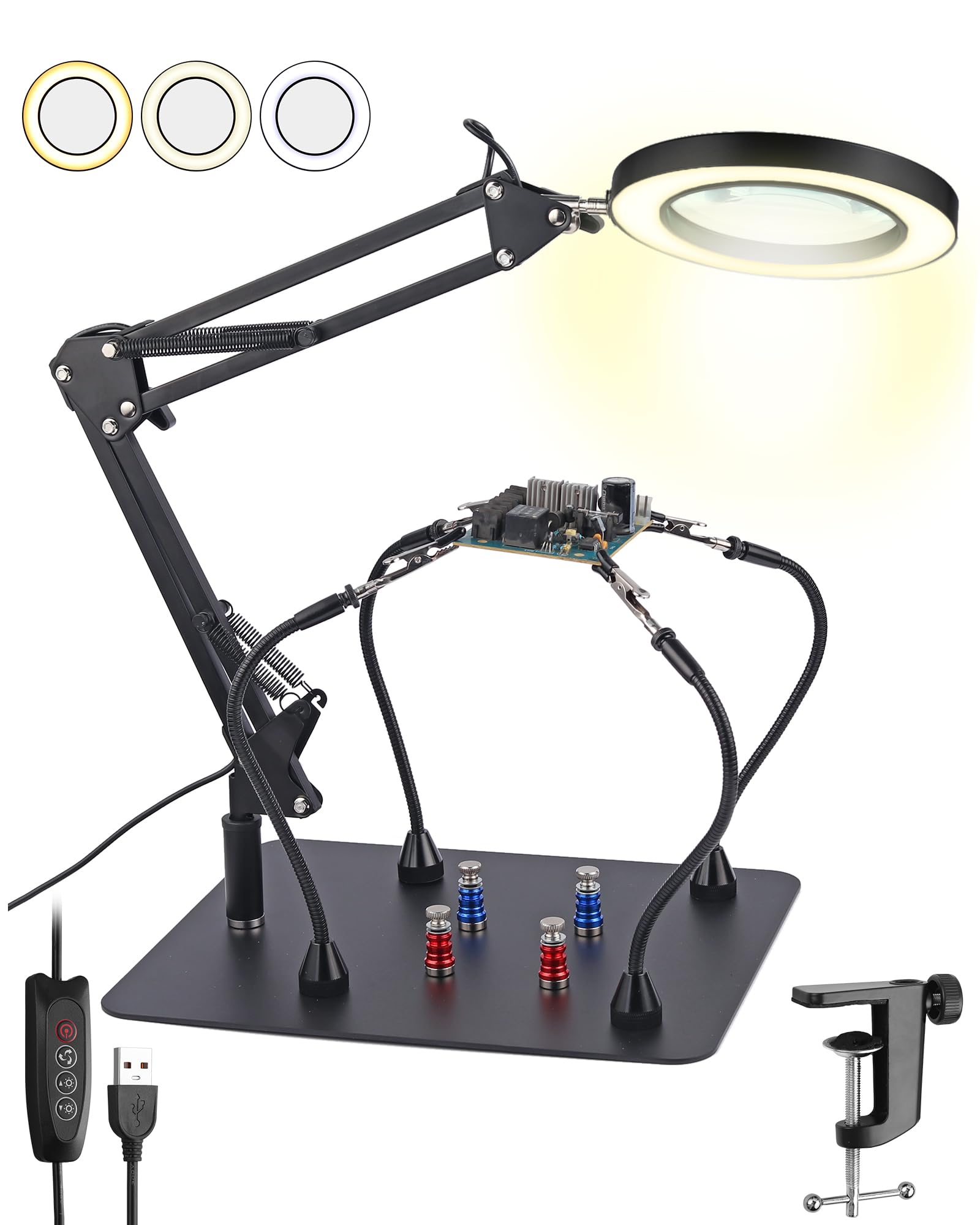 eSynic 8X Magnifier Lamp 4 Magnetic Helping Hands Soldering Station Professional Magnifying Glass with Light/Large Base/Clamp/4Pcs Board Fixed Column/72 LEDs Desk Magnifier for Soldering Craft etc