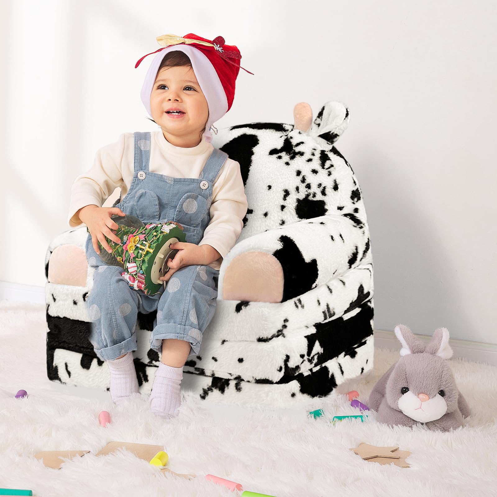Toddler Chair Plush with Removable Cover, 2-in-1 Toddler Couch Fold Out, Cow Shell, Comfy Couch for Kids Over 18 Months, Kids Furniture for Bedroom, Playroom（Cow）