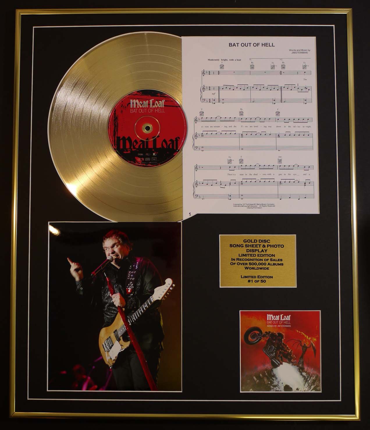 MEAT LOAF/CD GOLD DISC, SONG SHEET & PHOTO DISPLAY/LTD. EDITION/COA/ALBUM, BAT OUT OF HELL/SONG SHEET, BAT OUT OF HELL
