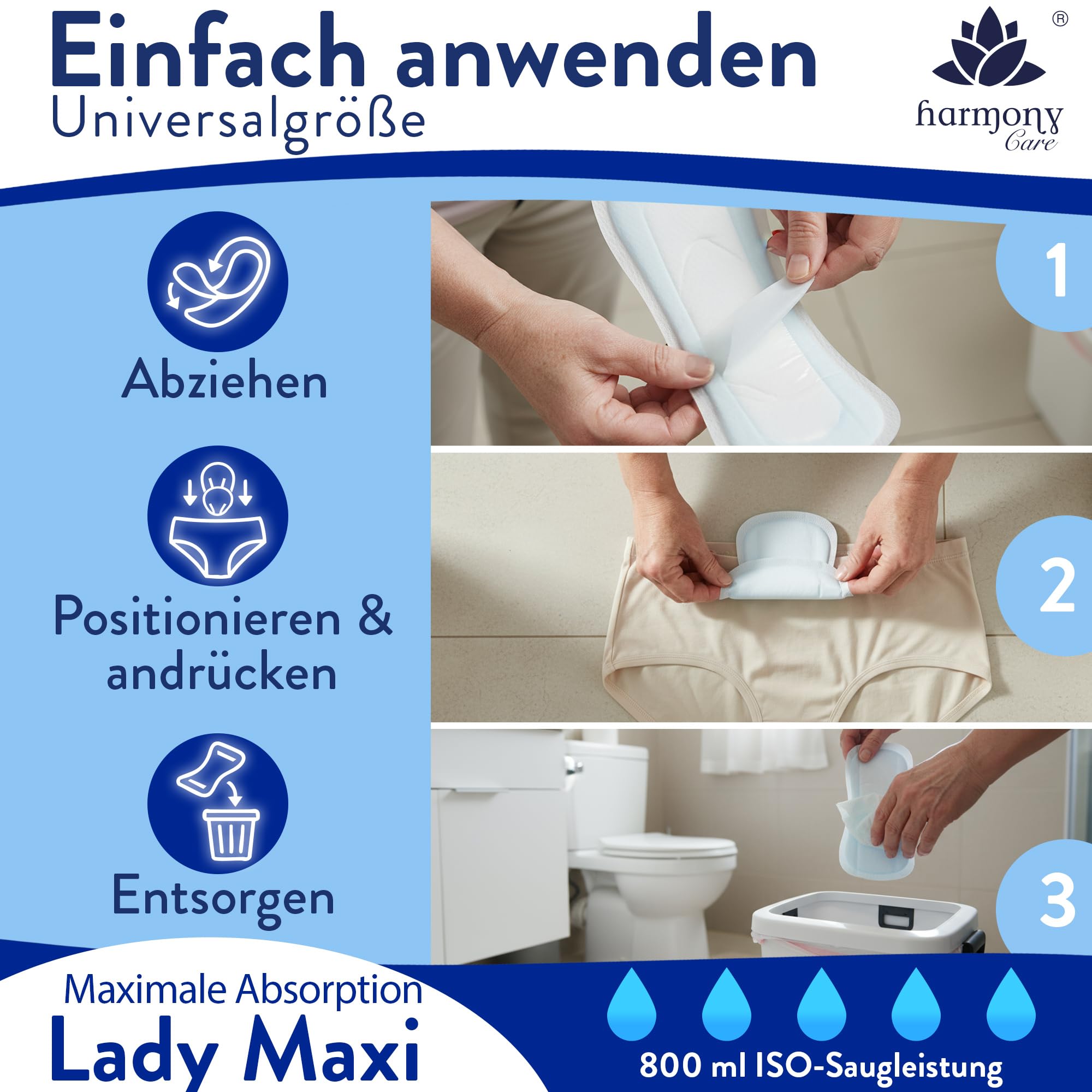 Harmony Care® Lady MAXI Inkontinenzeinlagen für Damen extra stark – saugstarke Inkontinenz Einlagen bei mittlere bis starker Blasenschwäche - auslaufsichere Hygieneeinlagen für die Nacht, 28 Stück 6