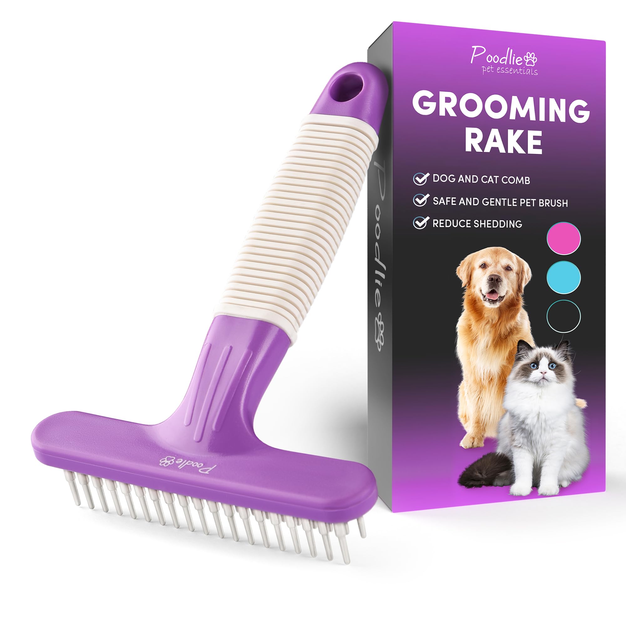 Poodle Pet Dog Grooming Rake| Dematting Tool with Stainless Steel Shedding Comb for Pets | 2 Rows of Pins Gently Remove Loose or Tangled Hair from Undercoat | Purple Handle