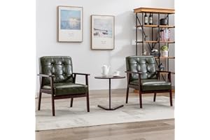 Okeysen Accent Chairs Set of 2, Mid Century Modern Accent Chair, Retro Wood and Leather Armchairs Side Chair, Lounge Reading Comfy Arm Chair for Living Room, Bedroom, Office(Green)