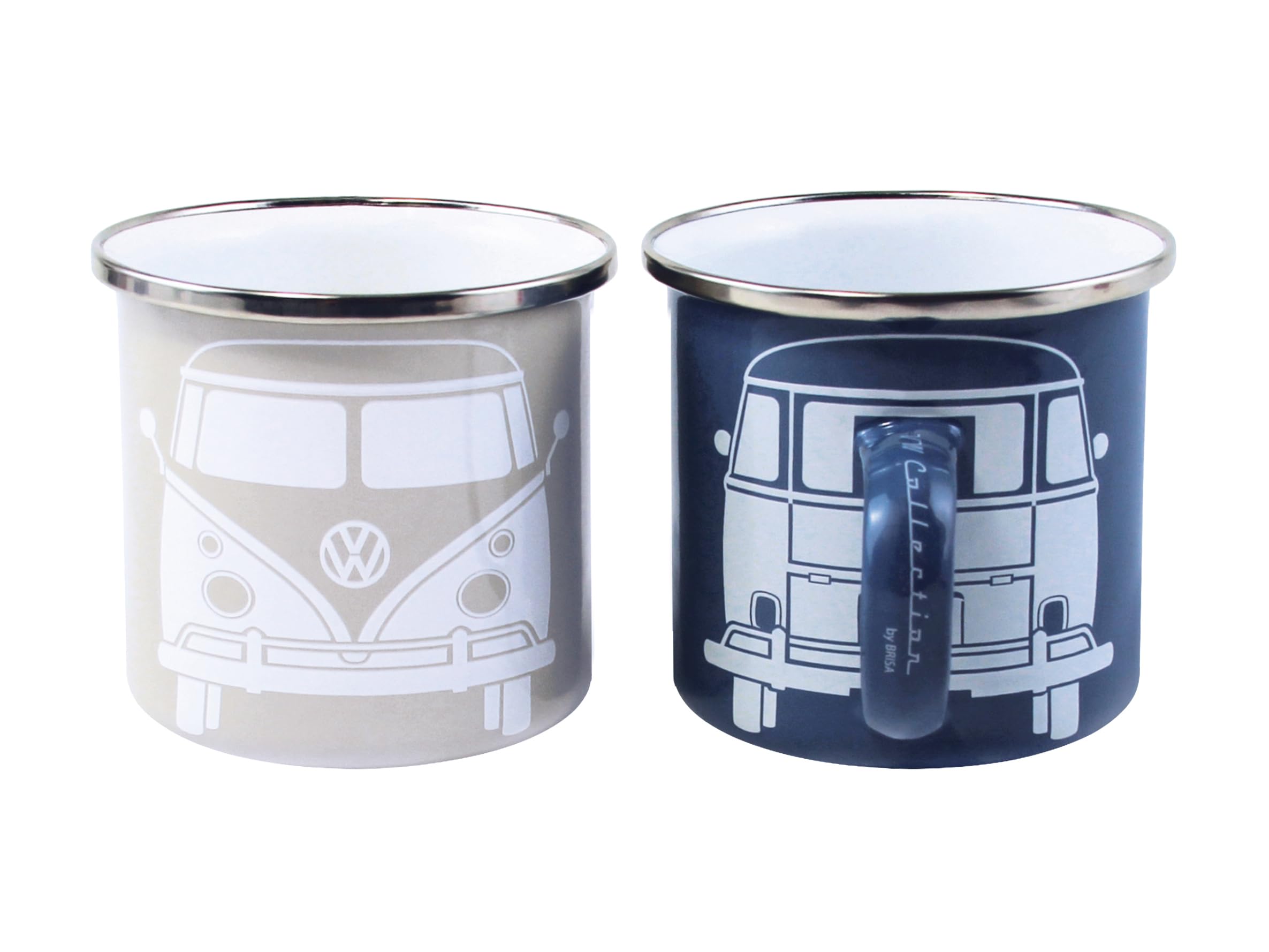BRISA VW Collection - Volkswagen 2-Piece Enamel Coffee-Tea Mug Cup Set for Camping & Outdoor T1 Bus (Blue/Gray)