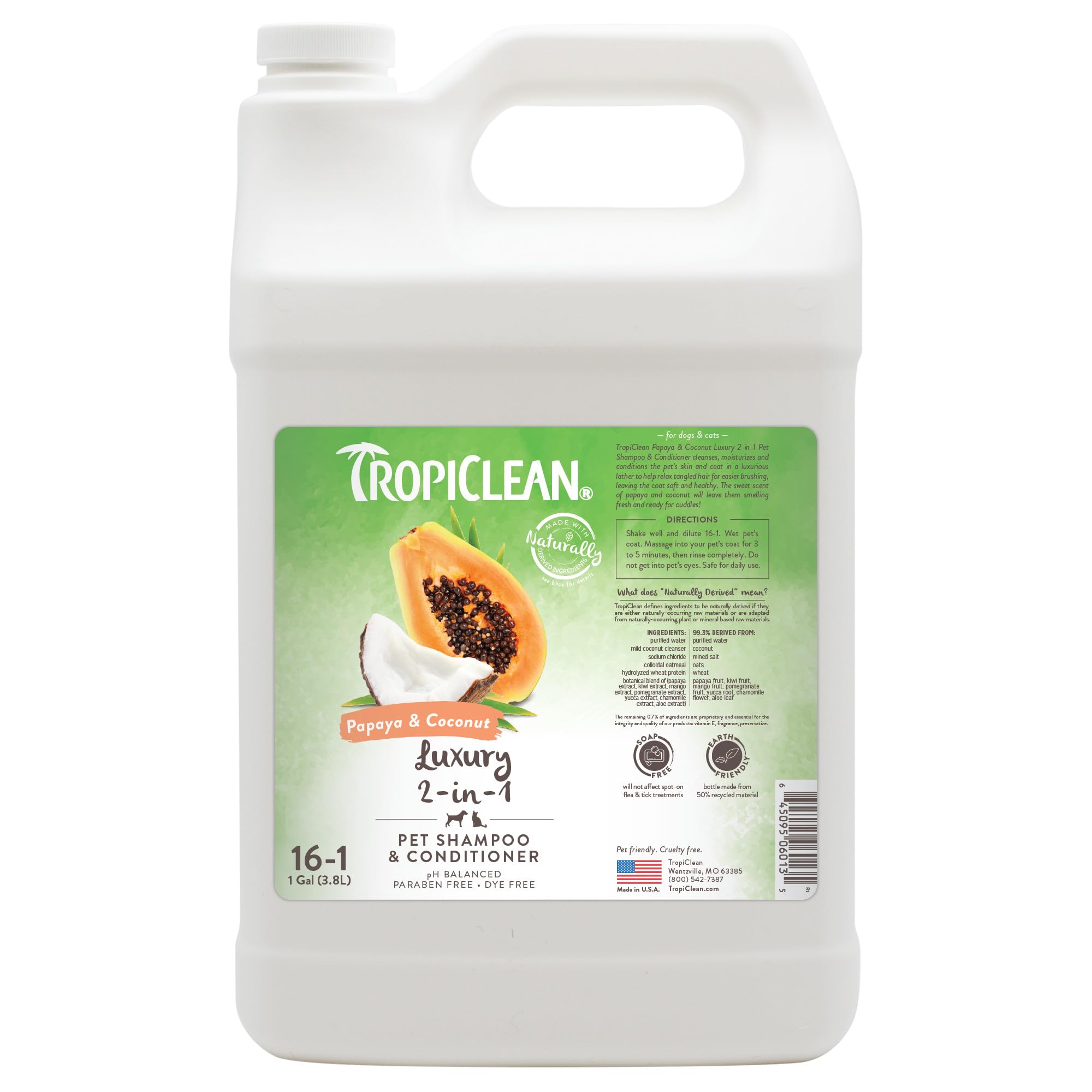 TropiClean 2-in-1 Shampoo & Conditioner - Dog and Cat Shampoo & Conditioner - Derived from Natural Ingredients - Used by Groomers - Papaya & Coconut, 3.8L