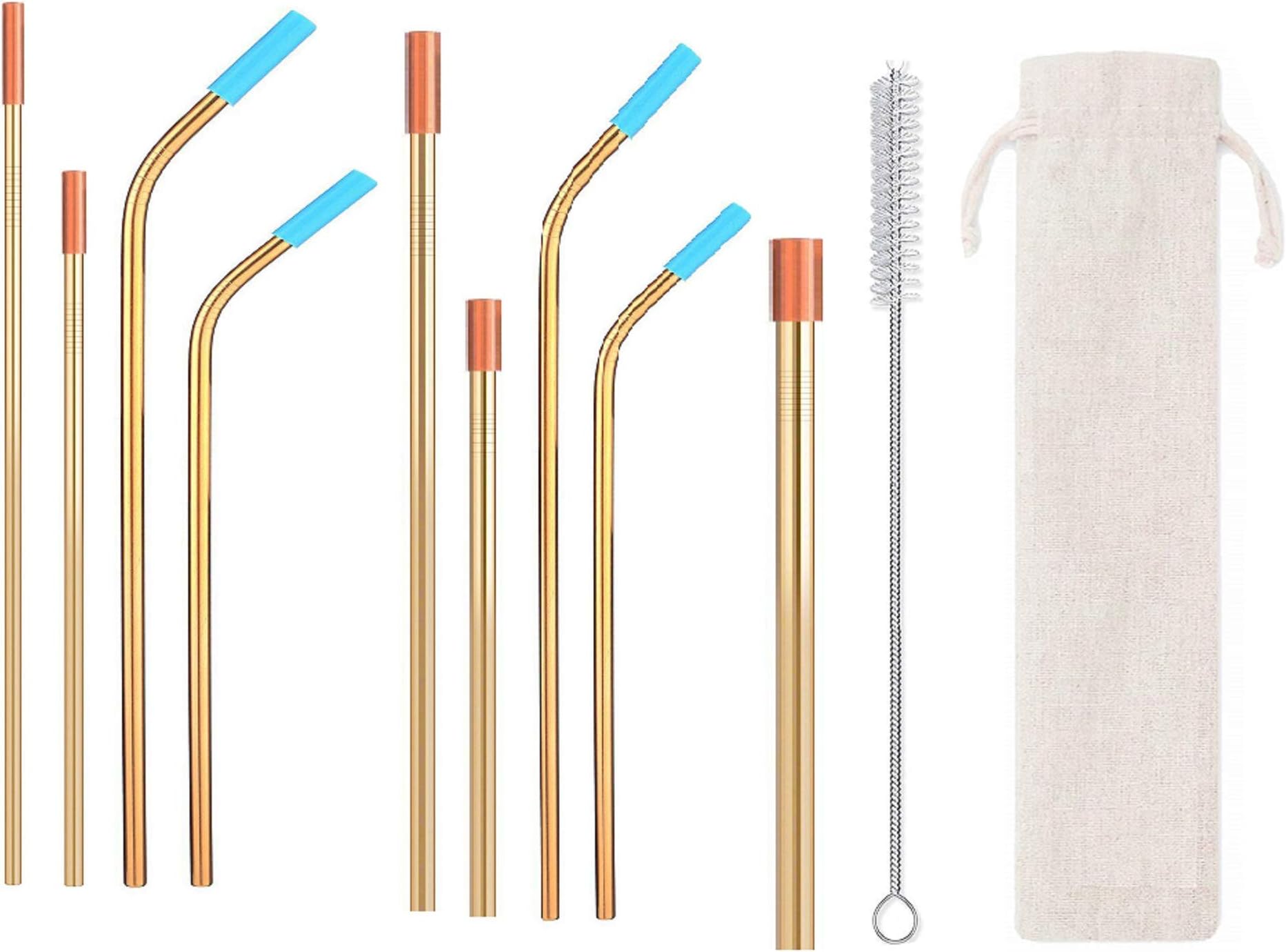 Eskyhouse Gold Stainless Straws with Silicone Tips Long Reusable Metal Straws 6mm Slim Straws for 30 oz Yeti/RTIC/Ozark Tumbler, 8mm Smoothie Straws, 12mm Boba/Bubble Tea Straws with2 Cleaning Brush