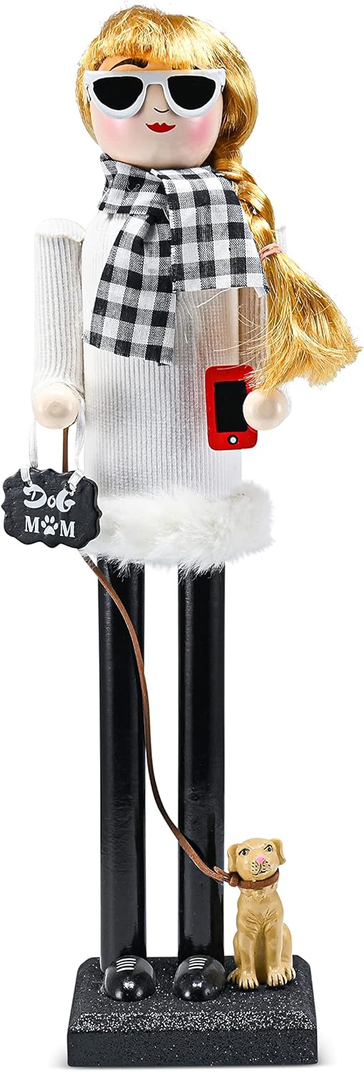 Nutcrackers - Ornativity Christmas Dog Mom Nutcracker – White and Black Wooden Nutcracker Woman with Dog on Leash and a Smartphone in Hand Xmas Themed Holiday Nut Cracker Doll Figure Decorations