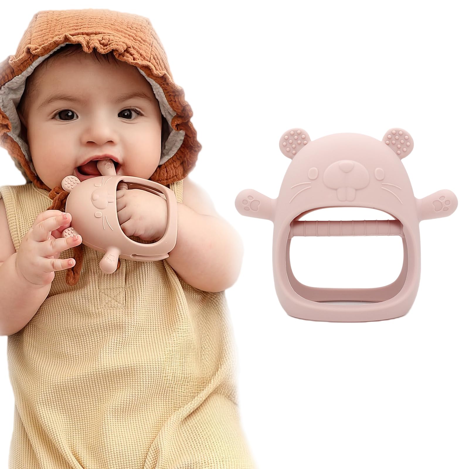Teething-Silicone-Teether Toys for Babies - Teething Mitten, Teethers for Toddler Infant, Silicone Teether Toys - Boy Girl Shower Gifts, Pink