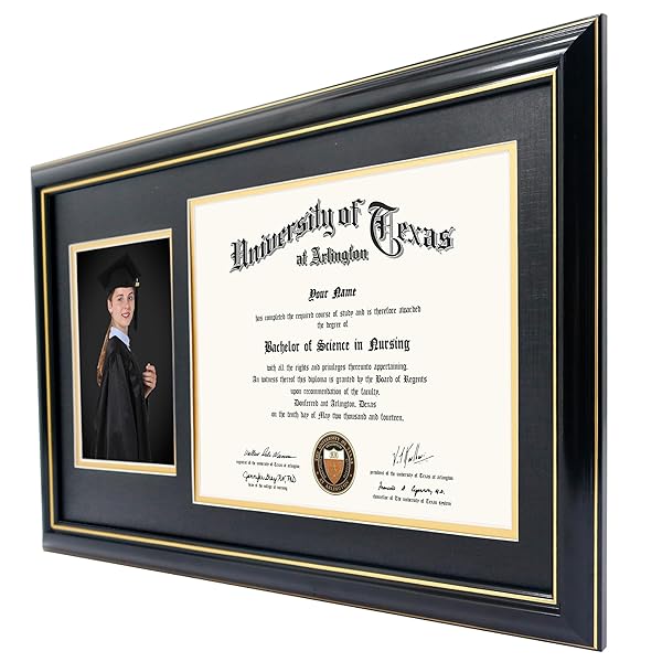 GRADUATIONMALL 11X19 BLACK DIPLOMA AND PHOTO FRAME FOR 8.5X11 CERTIFICATE,5X7 PICTURE,TEMPERED GLASS,BLACK OVER GOLD DOUBLE MAT