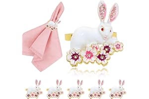 Davifina Easter Bunny Napkin Rings Set of 6, Decorative Rabbit Flower Napkin Holders for Spring Table Setting, Easter Brunch,