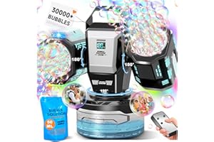 Rechargeable Bubble Machine with RGB Lights: 30,000 Bubbles Storm, Auto 360° Rotation & Remote Control - with Bubble Refill S