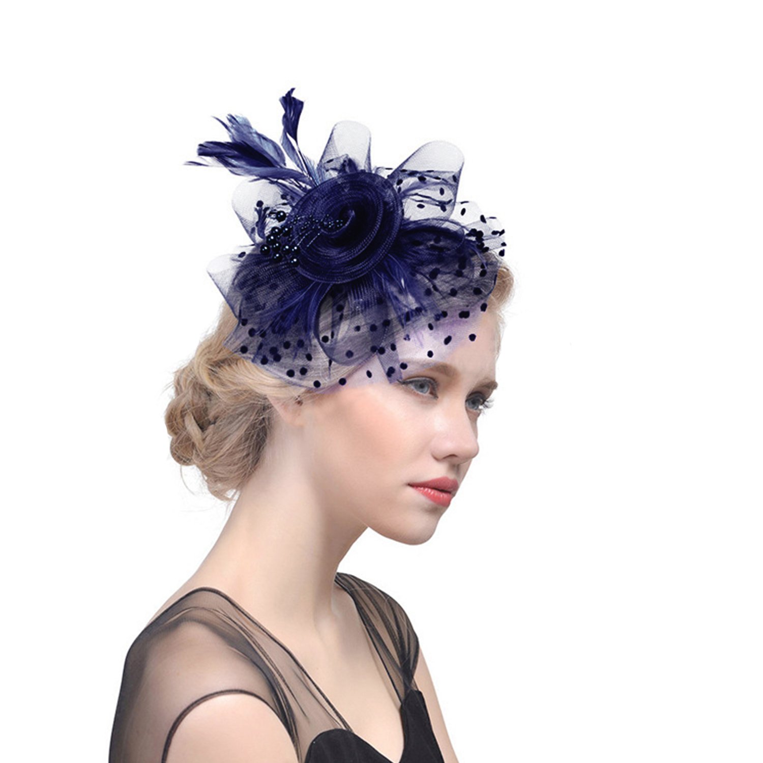 Ylucky Women Ladies Dot Mesh Feather Headband Fascinator with Yarn Beads Elegant Curlicue Feather Headwear Hat Bridal Wedding Cocktail Tea Party Derby Headwear Races Hats Hair Accessory Navy Blue