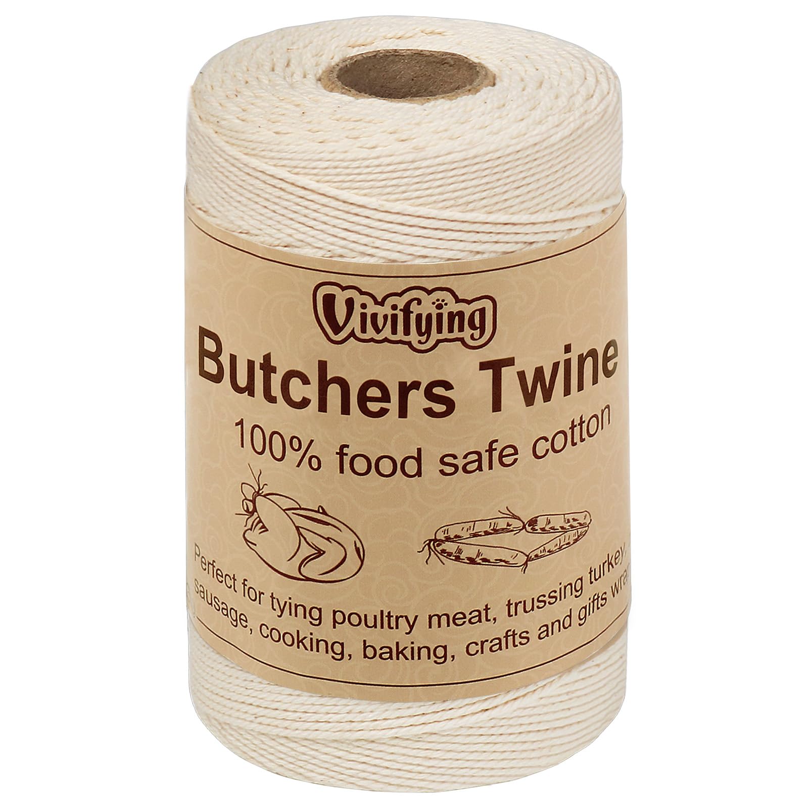 Vivifying Butchers String, 656 Feet /200M 3ply Cotton Butchers Twine, Food Safe Cooking String for Tying Meat, Kitchen Twine for Making Sausage and Trussing Poultry (White)