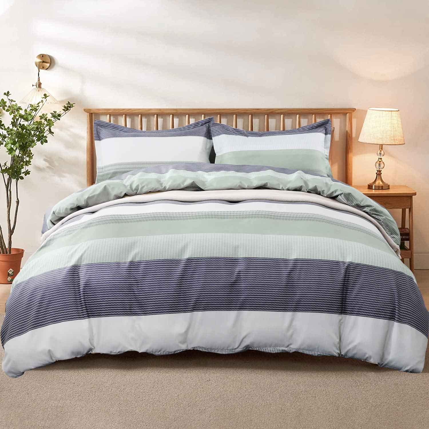 Photo 1 of **MISSING COMFORTER***Nanko Queen Duvet Cover Set 3pc 90x90 Gray Mint Green Striped Pattern Printed Luxury Microfiber Comforter Quilt Bedding Cover with Zipper Closure Ties - Modern for Men and Women Chambray