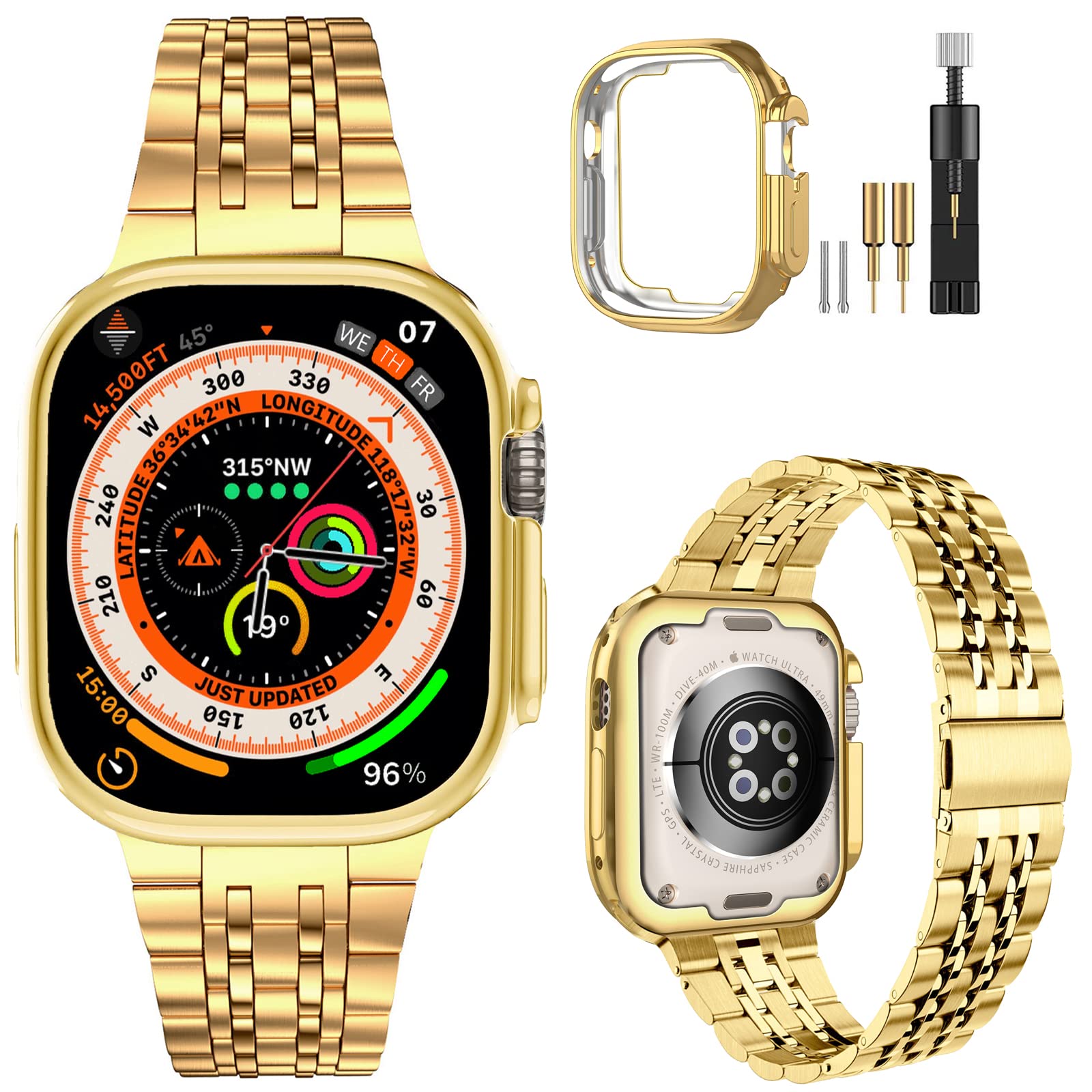 MioHHR Compatible with Apple Watch Band 49mm Ultra 3/2/1, Solid Stainless Steel Metal Strap Band for iWatch 49mm Series Ultra 3/2/1, Gold