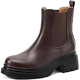 FEMSTEP Women's Chelsea Boots, Slip On Chunky Heel Womens Booties Platform Ankle Boots with Round Toe Elastic Dark Brown Ankle Boot for Casual Office Outdoor Shoes Size 8