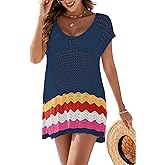 VIAURBE Women's Swimsuit Crochet Cover Up V Neck Hollow Out Bathing Suit Coverup Color Block Side Split Mini Dress